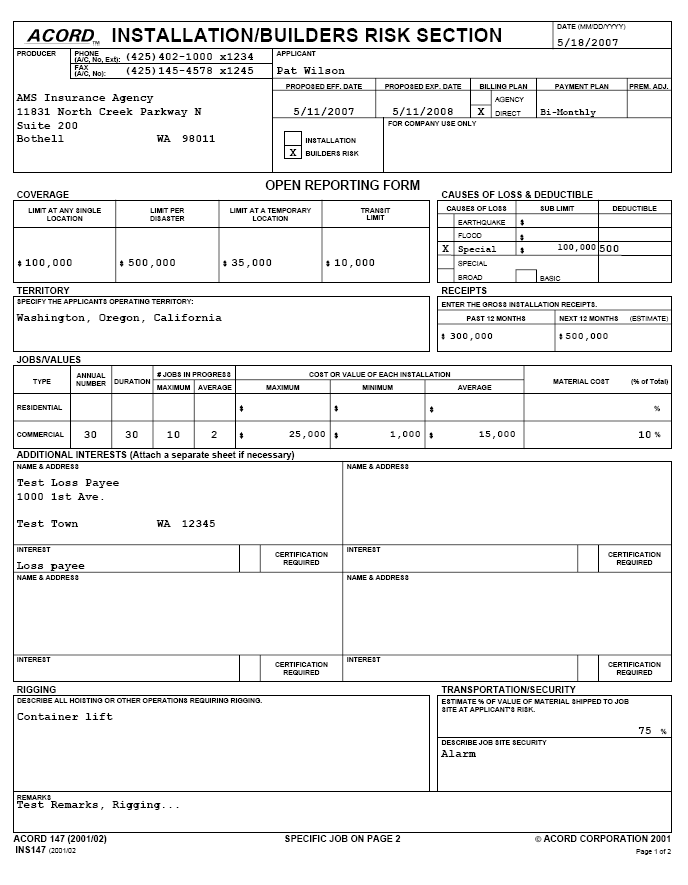 Builders Risk Coverage Form