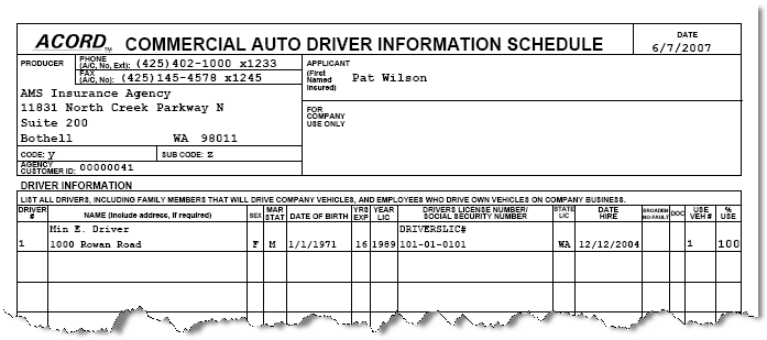 Form Field Map: Commercial Auto Driver Information Schedule (ACORD 