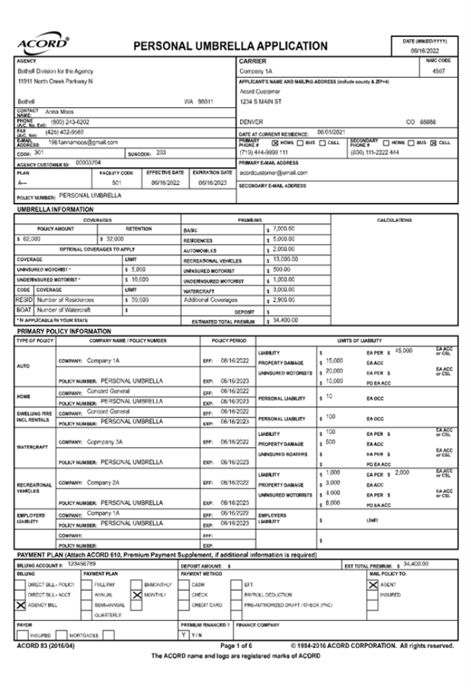 Form Map Personal Umbrella Application (ACORD 83)