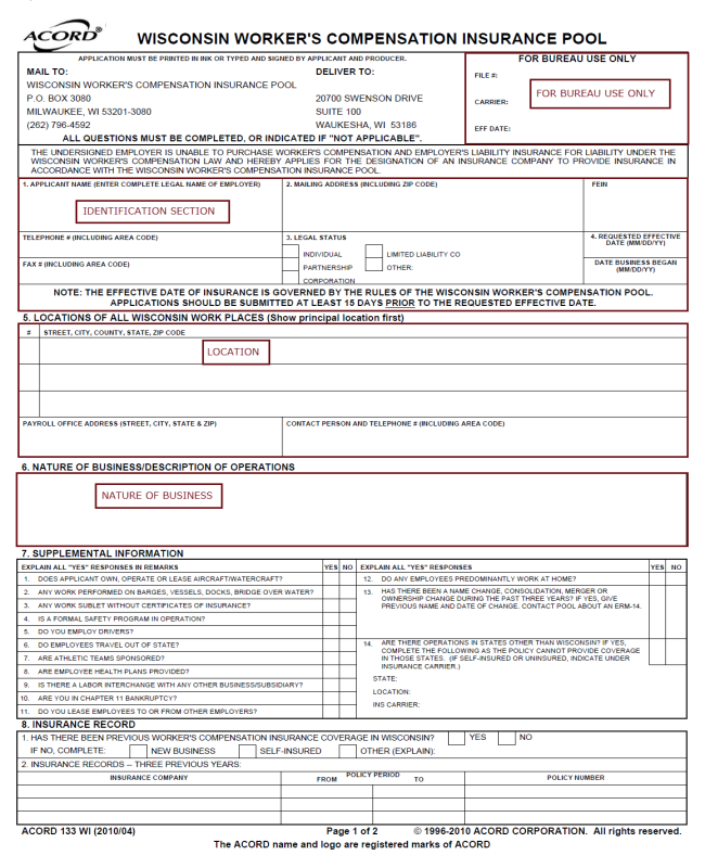 ACORD 133 WI (2010/04) FormWisconsin Workers Comp Pool