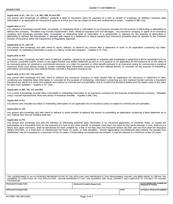 ACORD 149 Dealers Section Form