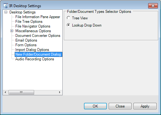 New Folder Document Types Selector Options